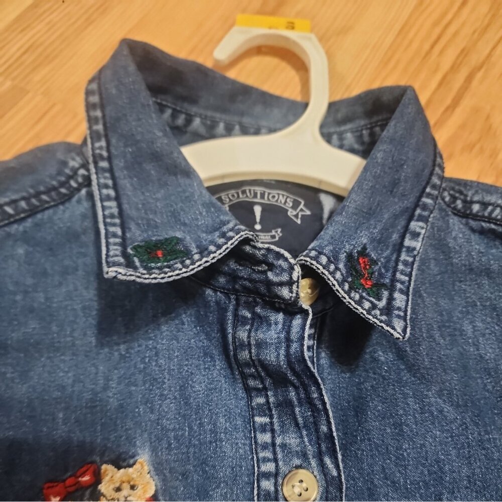 Vintage 90’s Solution Christmas Cat Embroidered Denim Shirt Womens med festive - Picture 4 of 13